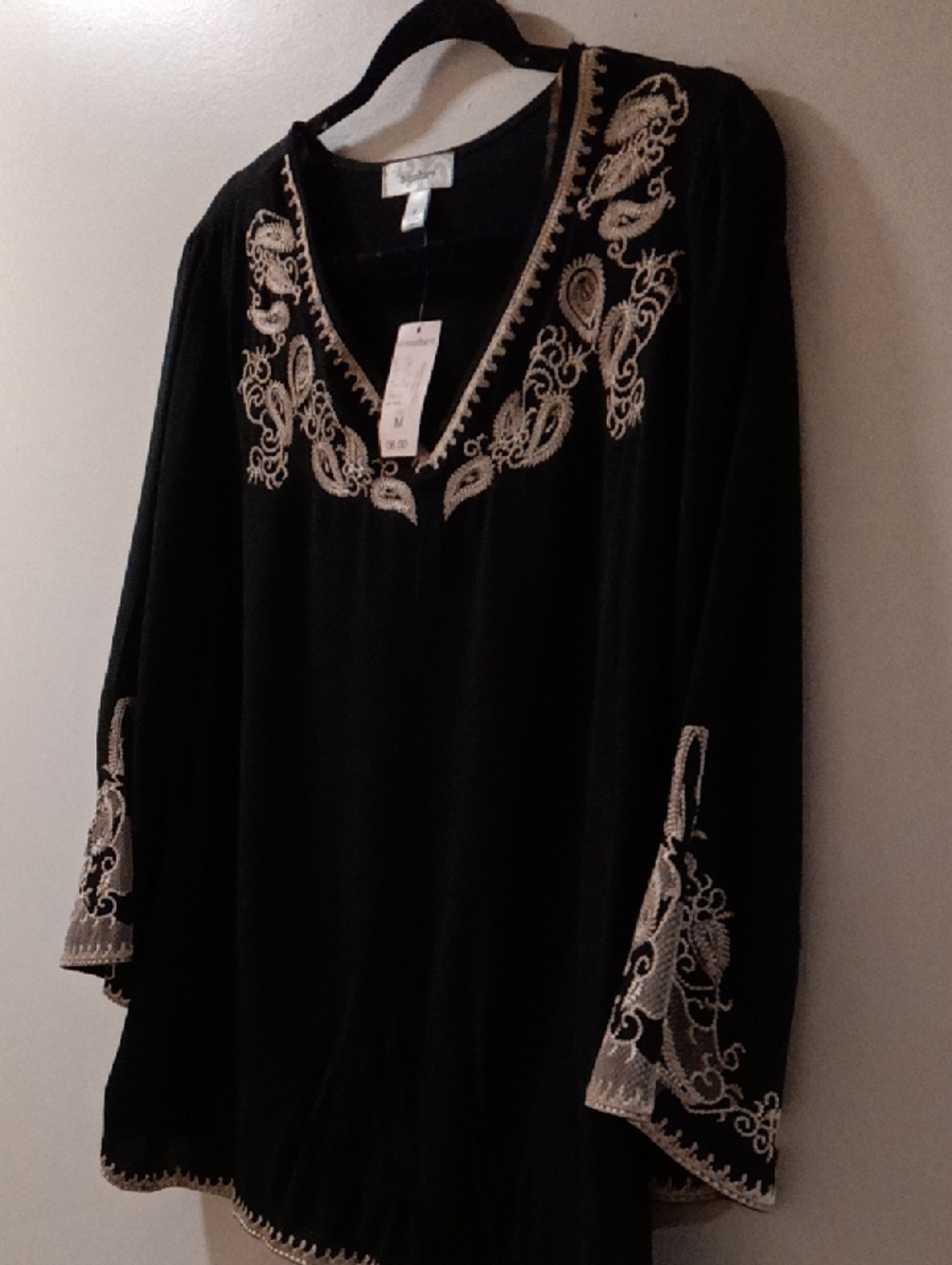 Dress Barn Black Tunic with Cream Paisley Embroidery